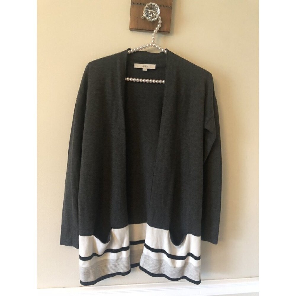 LOFT Womens Size XS Gray Cardigan Sweater Cream Stripes Open Front